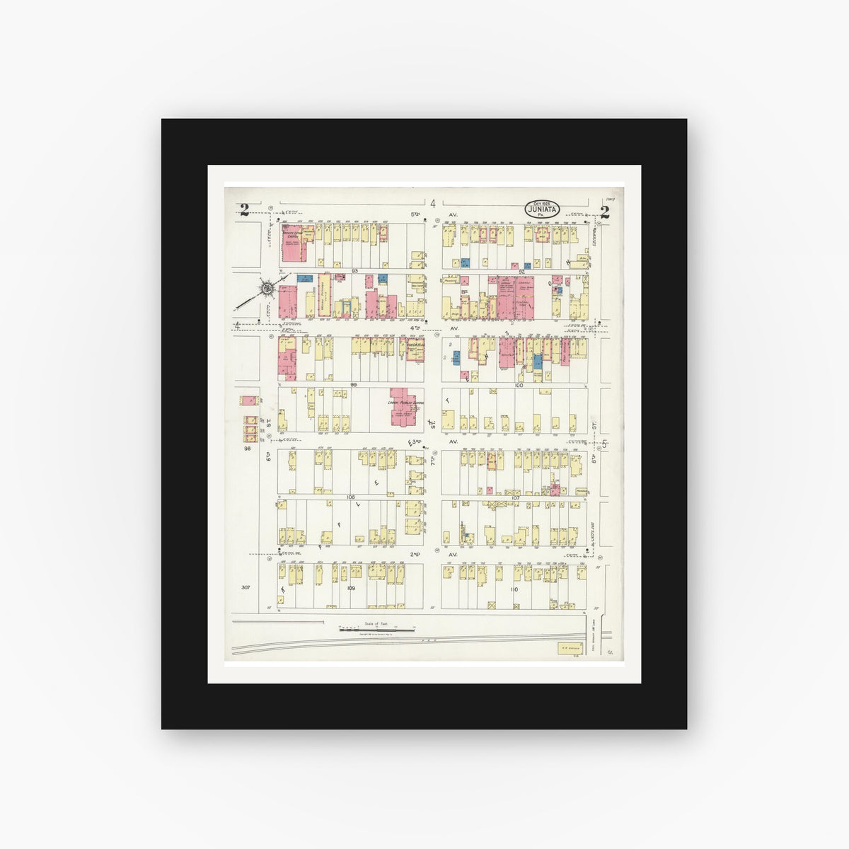 Old map wall art mockup — black gallery frame with white mat — Sanborn Fire Insurance Map from Juniata, Blair County, Pennsylvania (1925), Sheet #0002