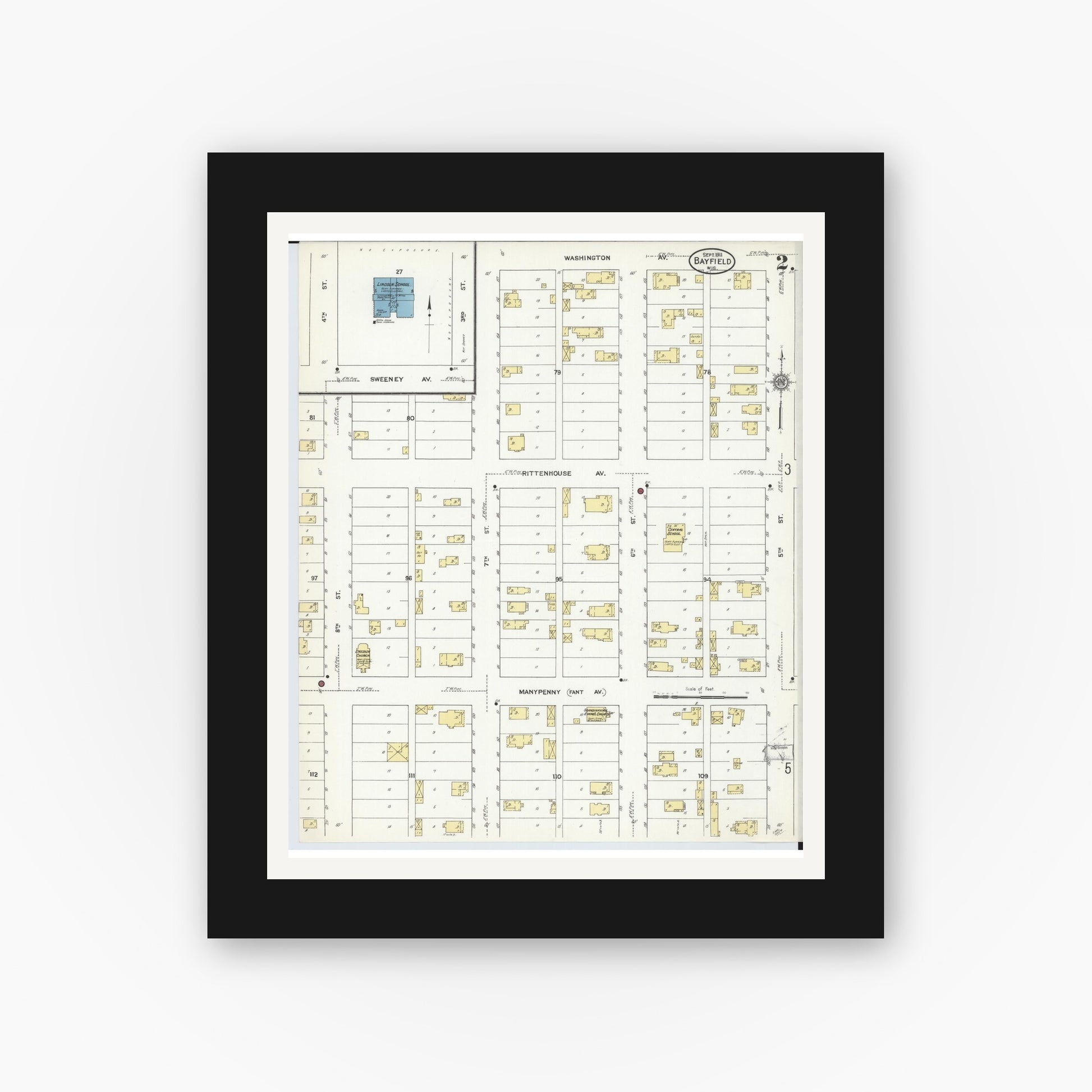 Old map wall art mockup — black gallery frame with white mat — Sanborn Fire Insurance Map from Bayfield, Bayfield County, Wisconsin (1911) - Complete Map Set