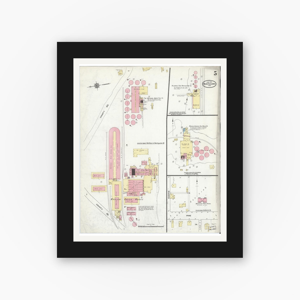 Old map wall art mockup — black gallery frame with white mat — Sanborn Fire Insurance Map from Montezuma, Parke County, Indiana (1910), Sheet #0005
