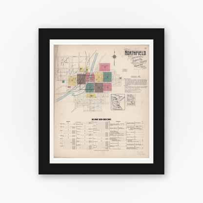 Old map wall art mockup — black gallery frame with white mat — Sanborn Fire Insurance Map from Northfield, Rice County, Minnesota (1922) - Complete Map Set