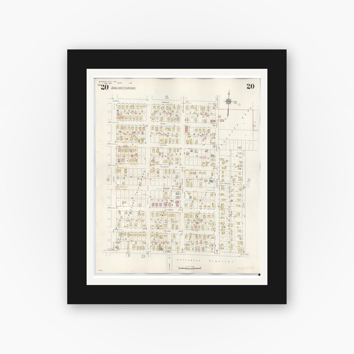 Old map wall art mockup — black gallery frame with white mat — Sanborn Fire Insurance Map from Michigan City, La Porte County, Indiana (1948), Sheet #0020