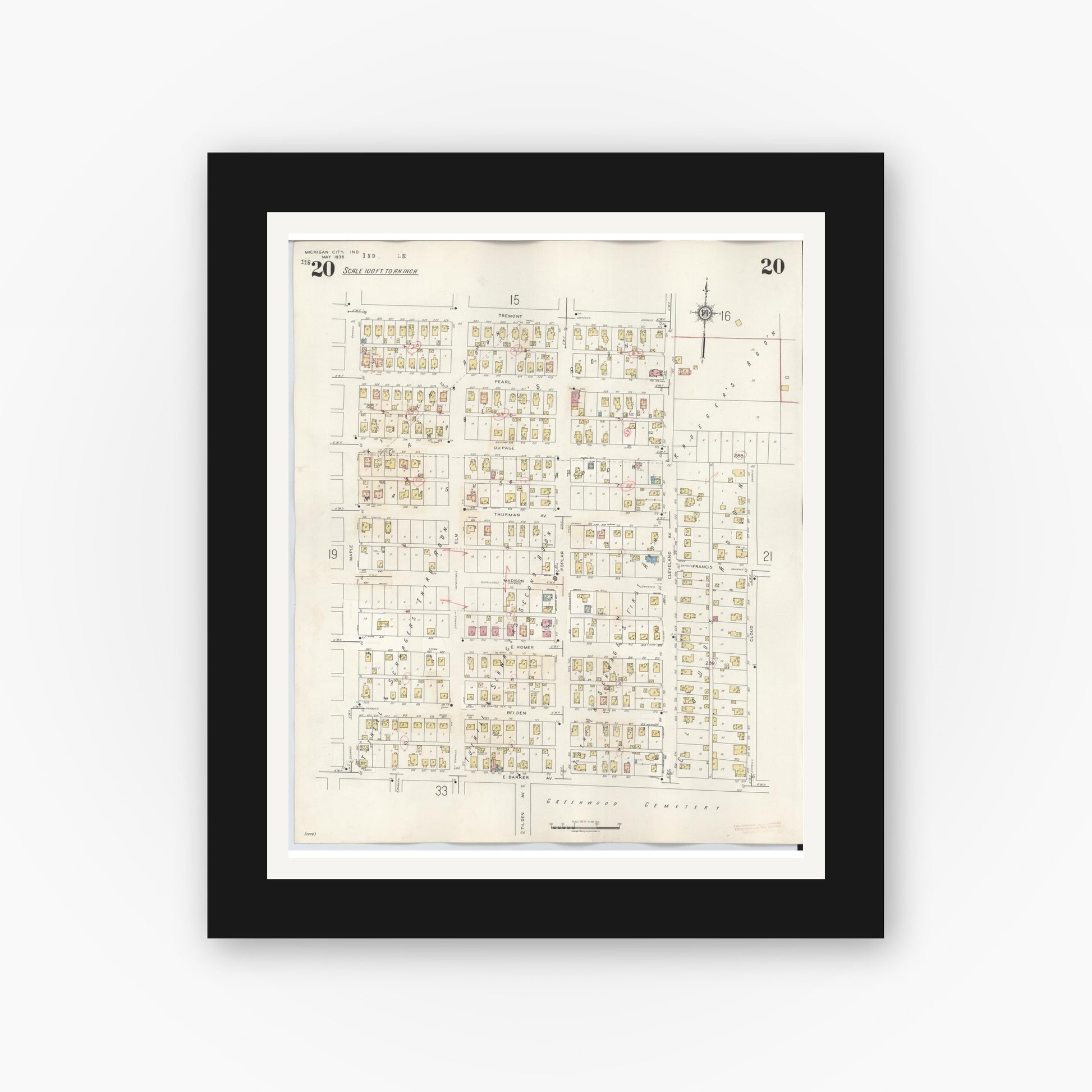 Old map wall art mockup — black gallery frame with white mat — Sanborn Fire Insurance Map from Michigan City, La Porte County, Indiana (1948), Sheet #0020