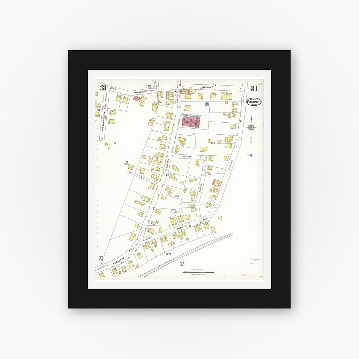 Old map wall art mockup — black gallery frame with white mat — Sanborn Fire Insurance Map from Gardner, Worcester County, Massachusetts (1923), Sheet #0031