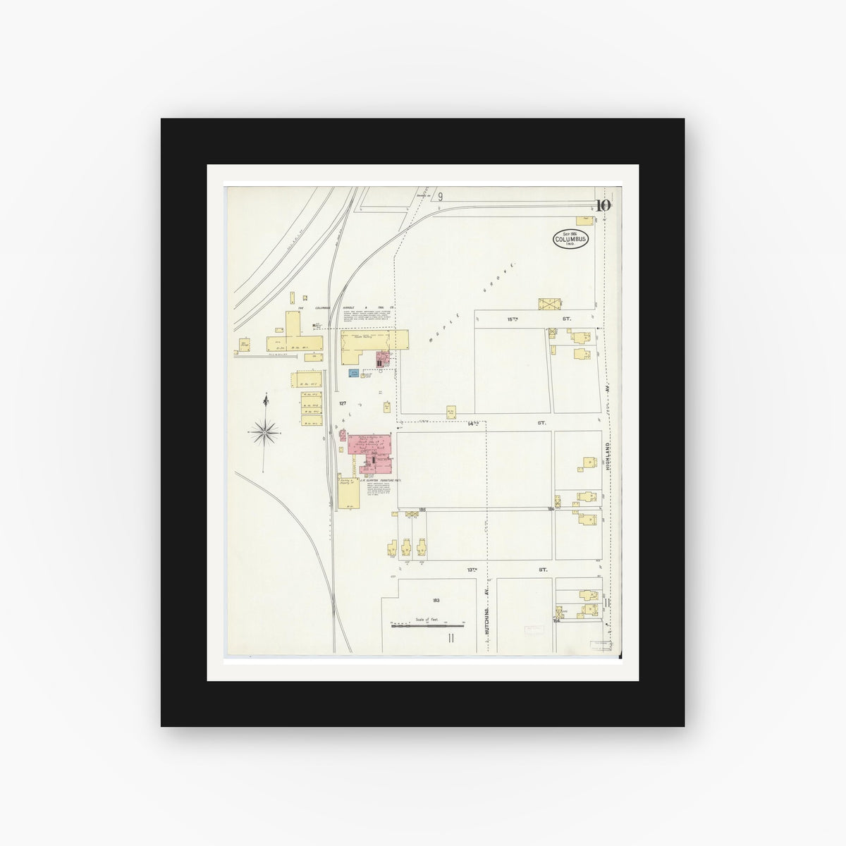 Old map wall art mockup — black gallery frame with white mat — Sanborn Fire Insurance Map from Columbus, Bartholomew County, Indiana (1906), Sheet #0010