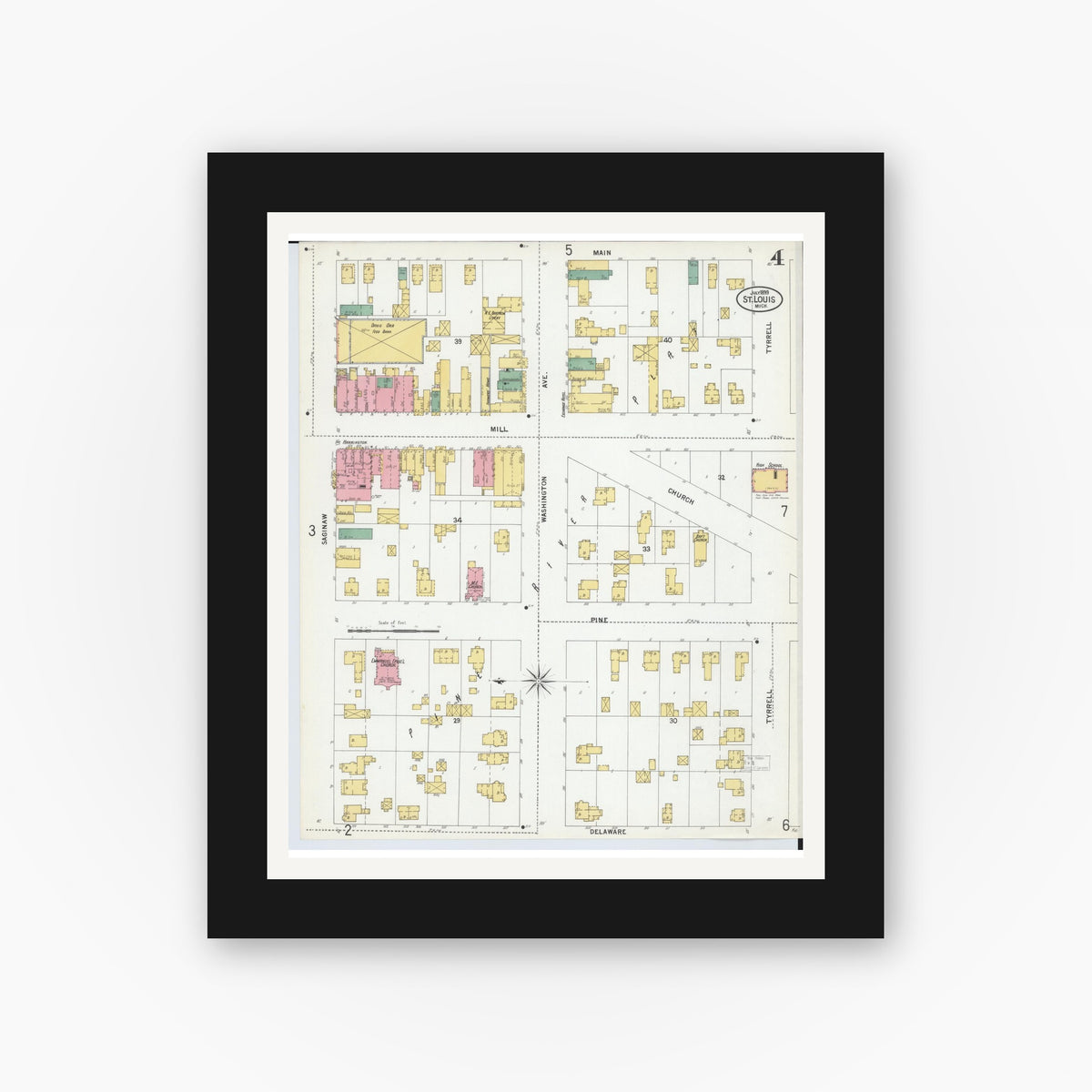 Old map wall art mockup — black gallery frame with white mat — Sanborn Fire Insurance Map from Saint Louis, Gratiot County, Michigan (1899), Sheet #0004