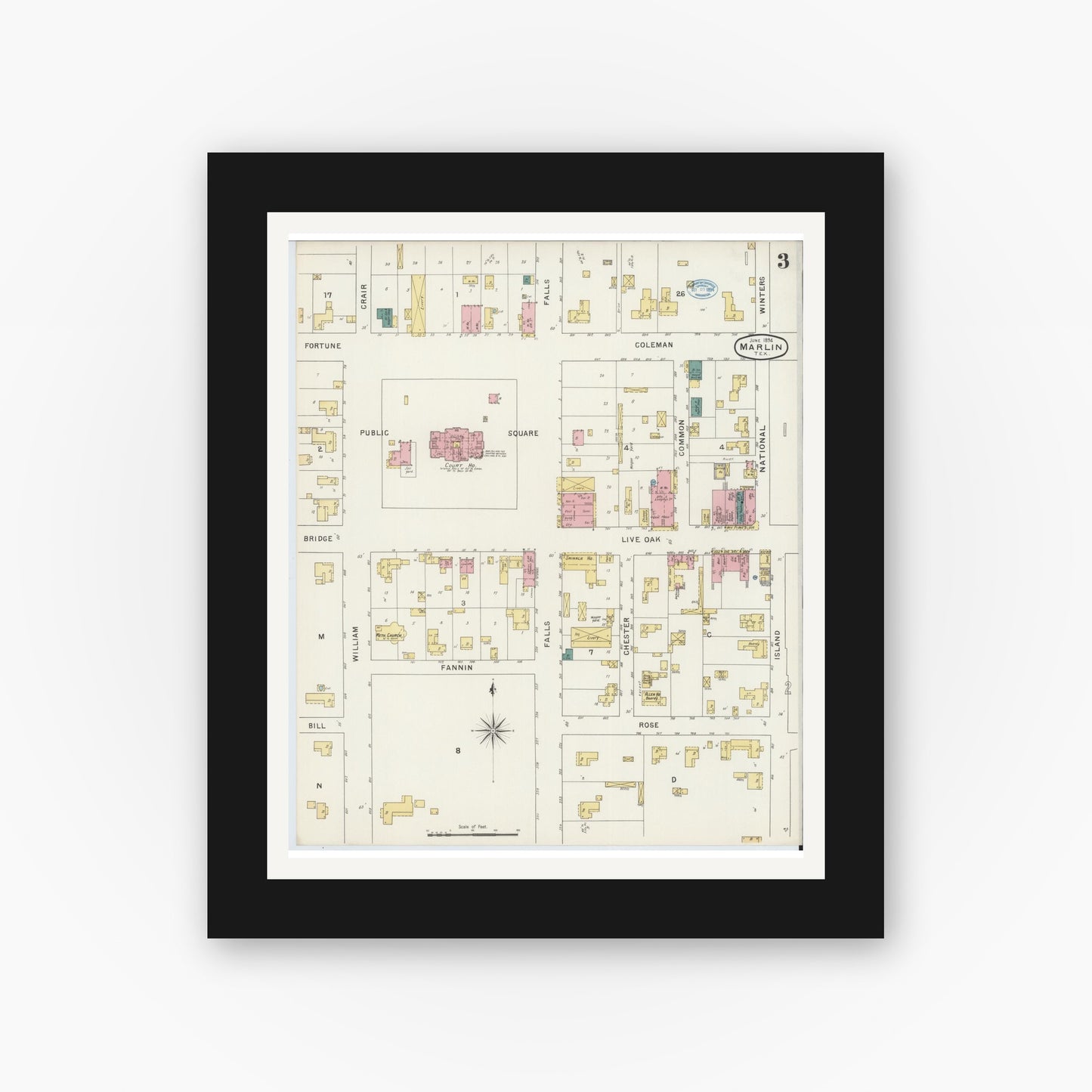 Old map wall art mockup — black gallery frame with white mat — Sanborn Fire Insurance Map from Marlin, Falls County, Texas (1894), Sheet #0003