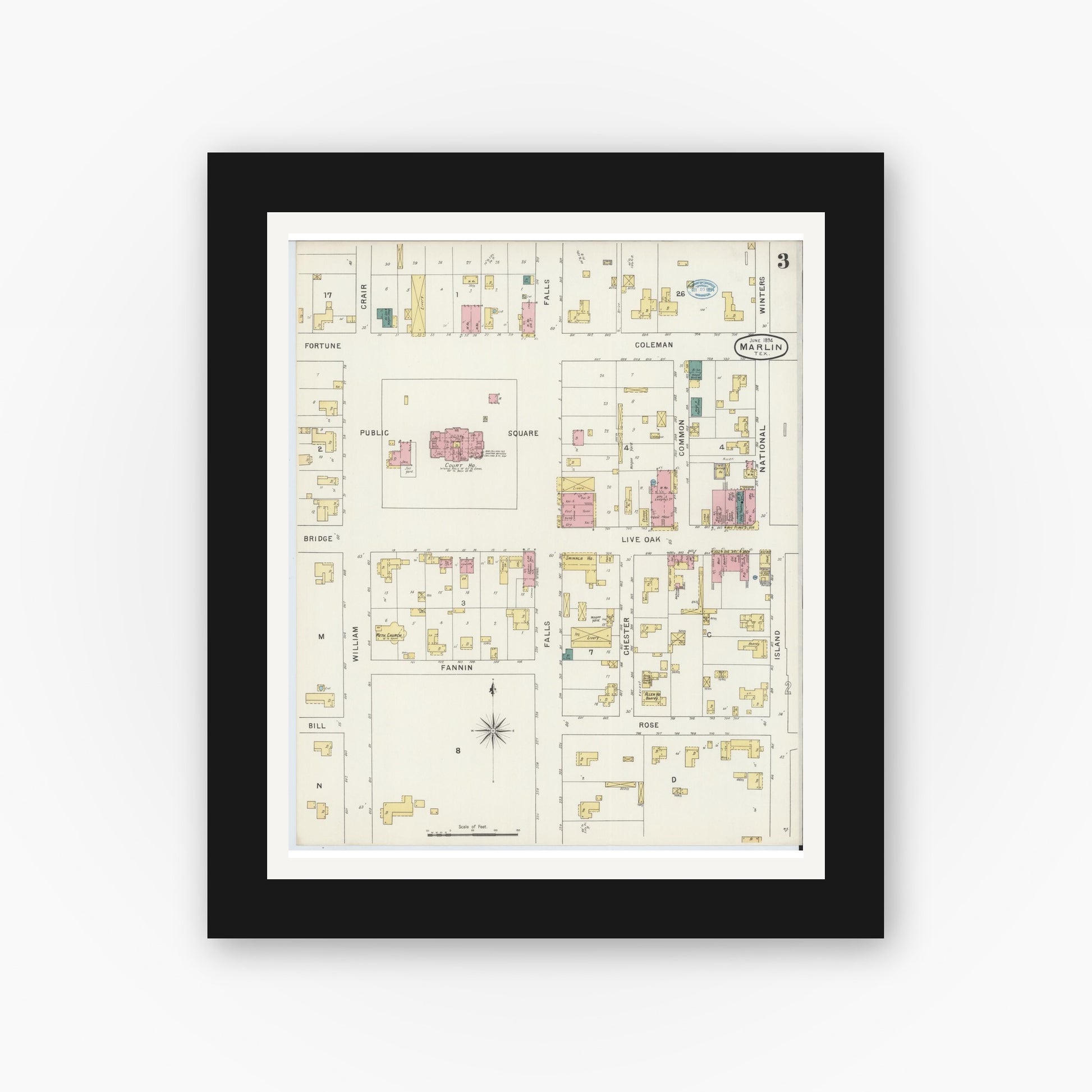 Old map wall art mockup — black gallery frame with white mat — Sanborn Fire Insurance Map from Marlin, Falls County, Texas (1894), Sheet #0003
