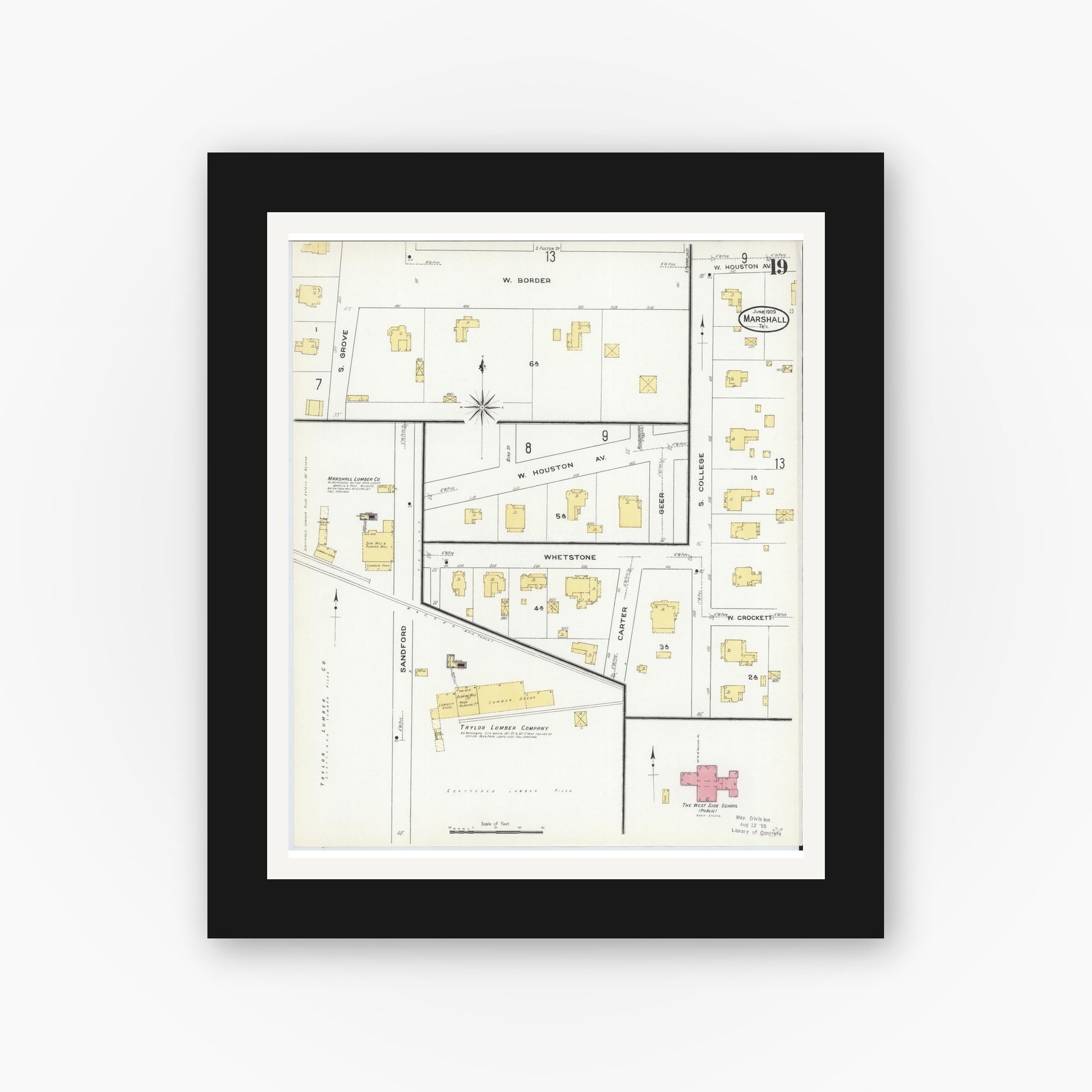 Old map wall art mockup — black gallery frame with white mat — Sanborn Fire Insurance Map from Marshall, Harrison County, Texas (1909), Sheet #0019