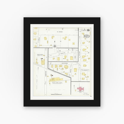 Old map wall art mockup — black gallery frame with white mat — Sanborn Fire Insurance Map from Marshall, Harrison County, Texas (1909), Sheet #0019