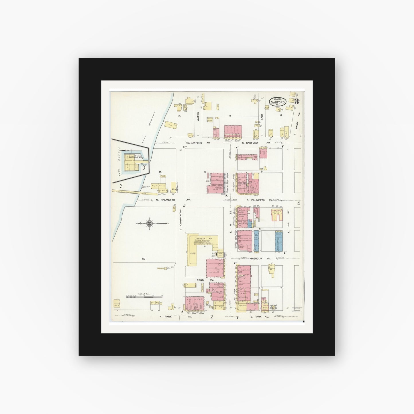Old map wall art mockup — black gallery frame with white mat — Sanborn Fire Insurance Map from Sanford, Seminole County, Florida (1912), Sheet #0003