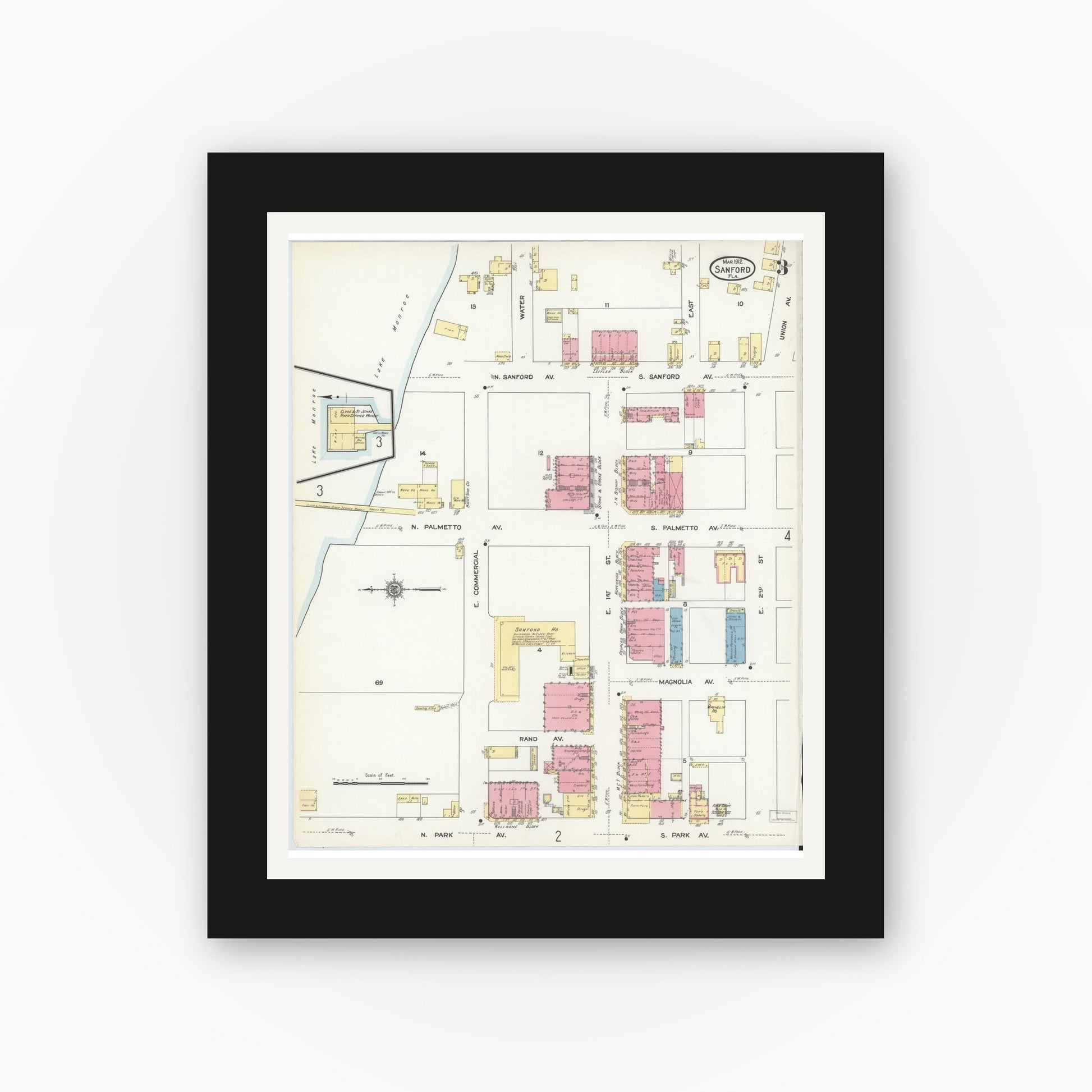 Old map wall art mockup — black gallery frame with white mat — Sanborn Fire Insurance Map from Sanford, Seminole County, Florida (1912), Sheet #0003