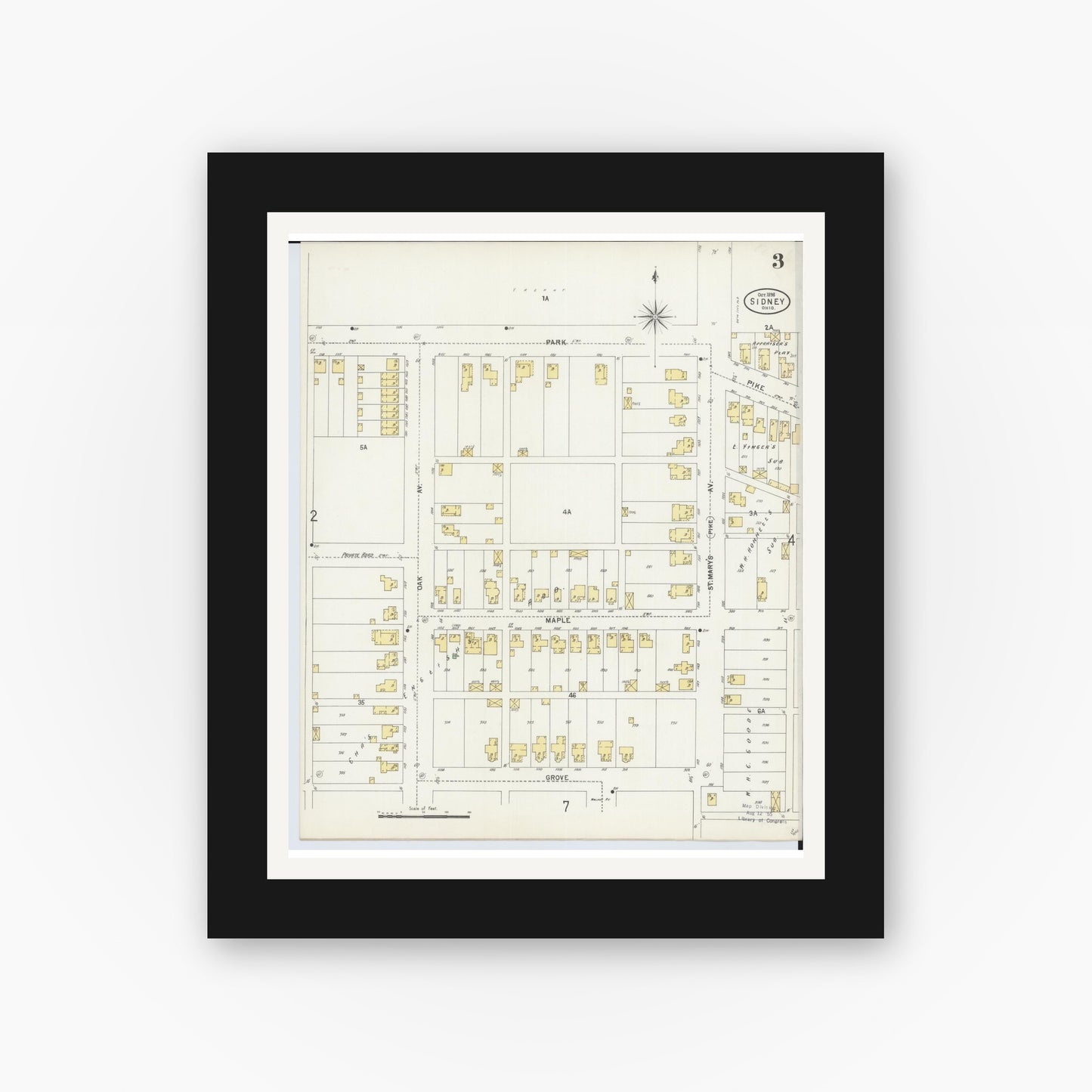 Old map wall art mockup — black gallery frame with white mat — Sanborn Fire Insurance Map from Sidney, Shelby County, Ohio (1898), Sheet #0003