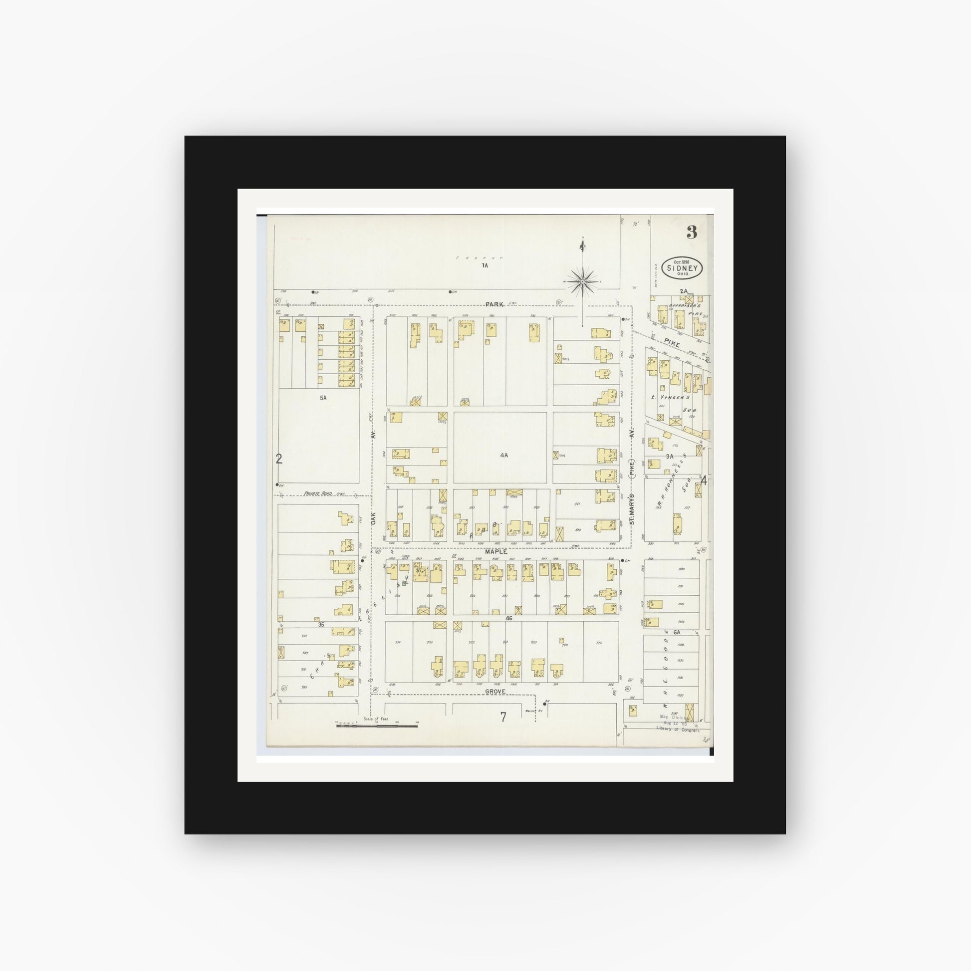 Old map wall art mockup — black gallery frame with white mat — Sanborn Fire Insurance Map from Sidney, Shelby County, Ohio (1898), Sheet #0003