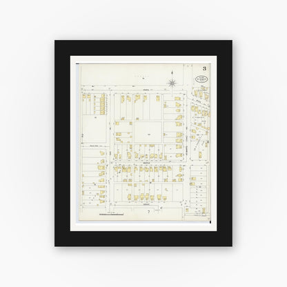 Old map wall art mockup — black gallery frame with white mat — Sanborn Fire Insurance Map from Sidney, Shelby County, Ohio (1898), Sheet #0003