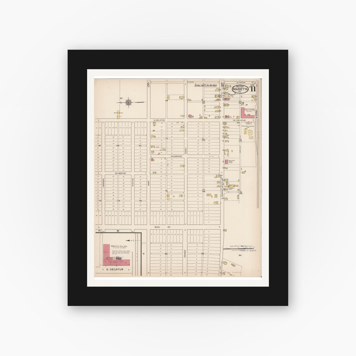Old map wall art mockup — black gallery frame with white mat — Sanborn Fire Insurance Map from Marietta, Lancaster County, Pennsylvania (1922), Sheet #0011