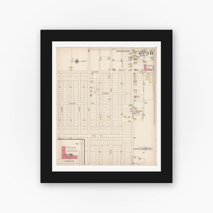 Old map wall art mockup — black gallery frame with white mat — Sanborn Fire Insurance Map from Marietta, Lancaster County, Pennsylvania (1922), Sheet #0011
