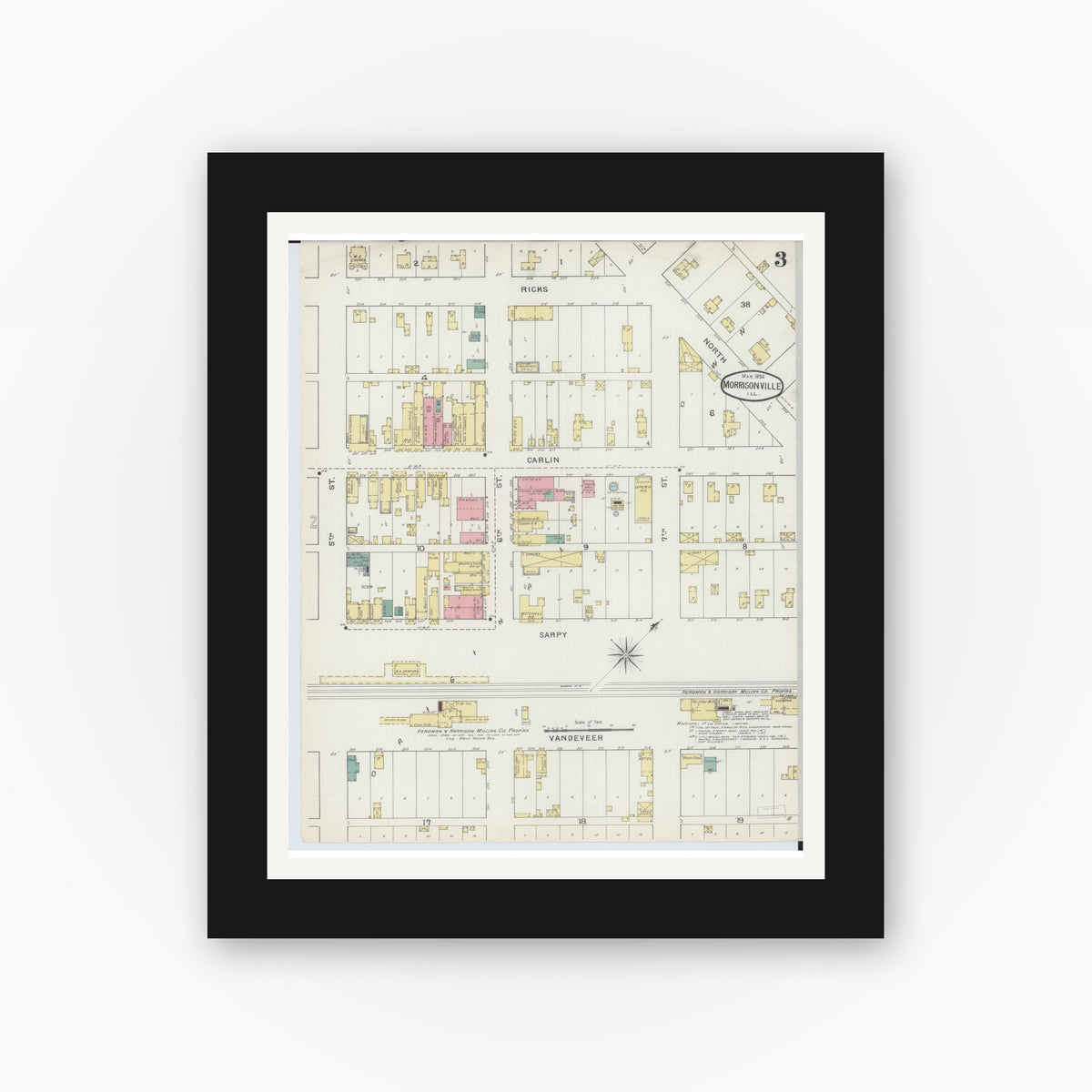 Old map wall art mockup — black gallery frame with white mat — Sanborn Fire Insurance Map from Morrisonville, Christian County, Illinois (1894), Sheet #0003