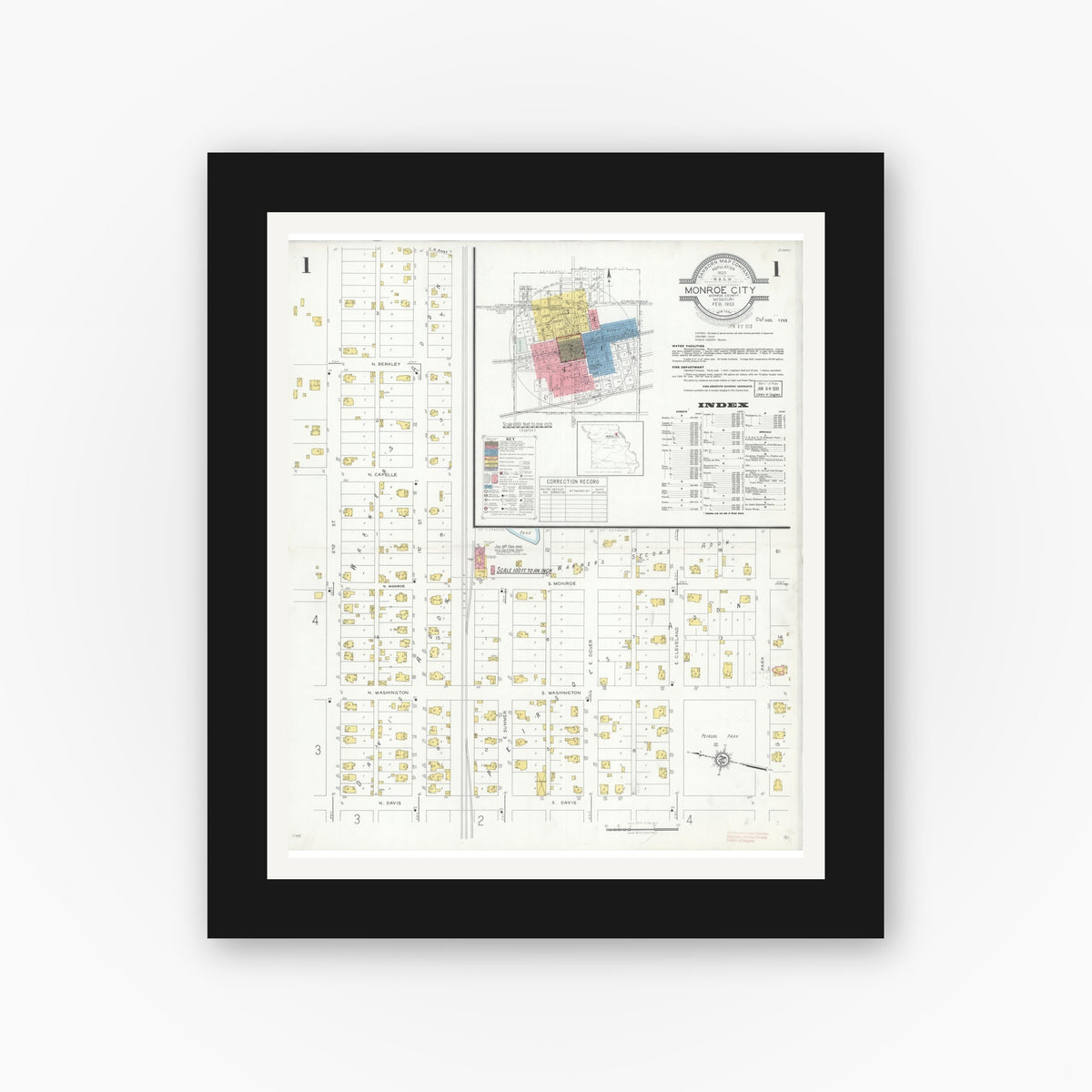Old map wall art mockup — black gallery frame with white mat — Sanborn Fire Insurance Map from Monroe City, Monroe County, Missouri (1933) - Complete Map Set