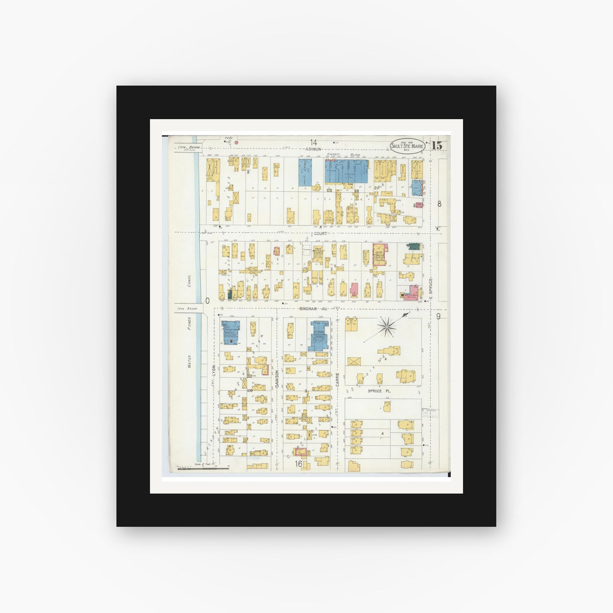 Old map wall art mockup — black gallery frame with white mat — Sanborn Fire Insurance Map from Sault Sainte Marie, Chippewa County, Michigan (1906), Sheet #0015