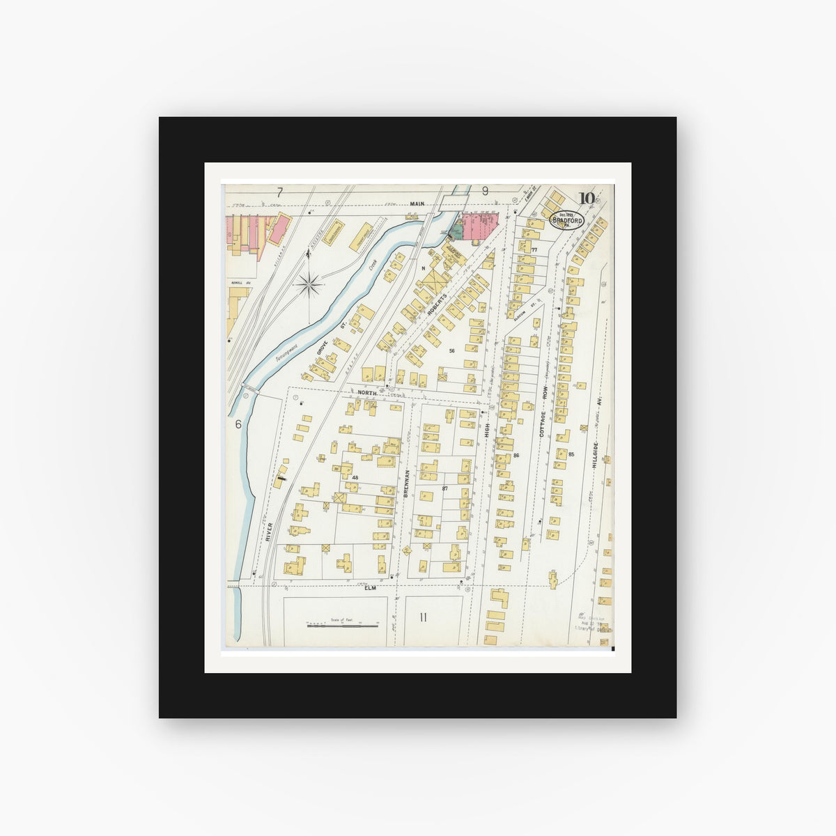Old map wall art mockup — black gallery frame with white mat — Sanborn Fire Insurance Map from Bradford, McKean County, Pennsylvania (1899), Sheet #0010