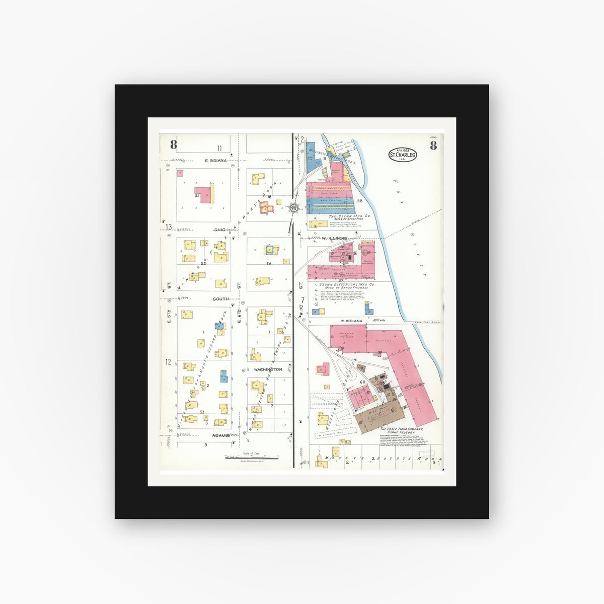 Old map wall art mockup — black gallery frame with white mat — Sanborn Fire Insurance Map from Saint Charles, Kane County, Illinois (1923), Sheet #0008