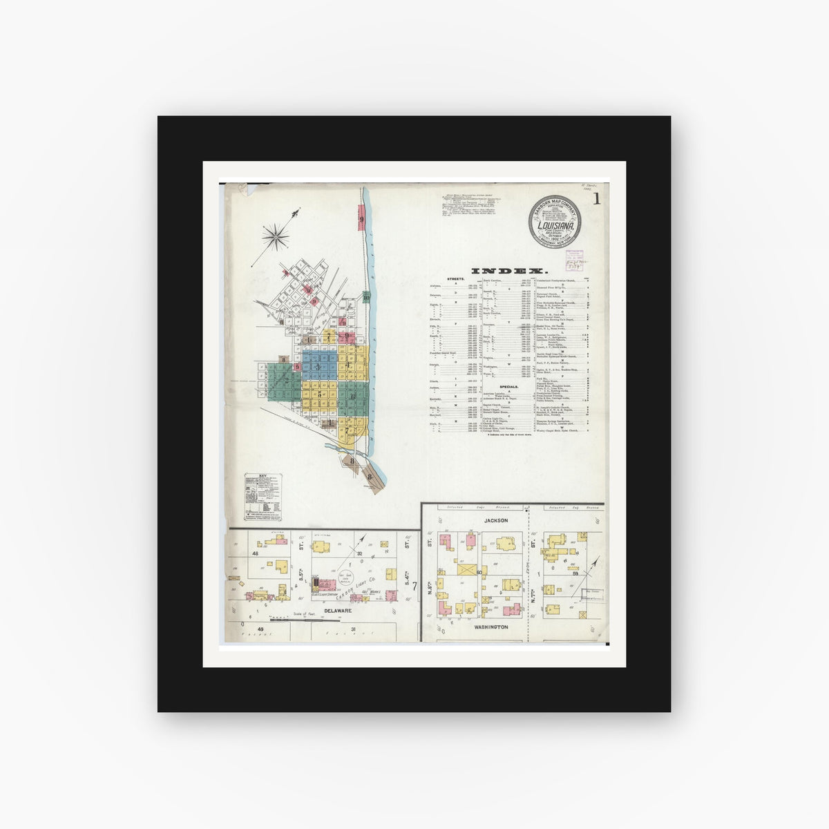 Old map wall art mockup — black gallery frame with white mat — Sanborn Fire Insurance Map from Louisiana, Pike County, Missouri (1902) - Complete Map Set