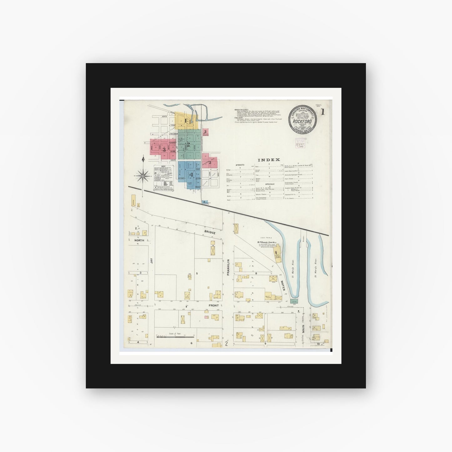Old map wall art mockup — black gallery frame with white mat — Sanborn Fire Insurance Map from Rockford, Mercer County, Ohio (1907) - Complete Map Set
