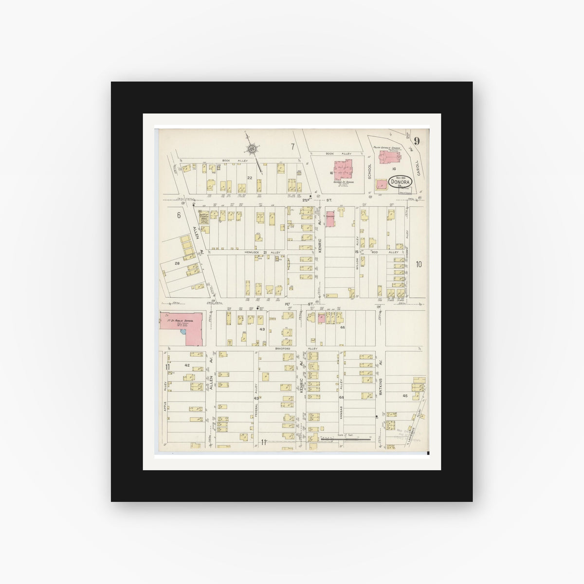 Old map wall art mockup — black gallery frame with white mat — Sanborn Fire Insurance Map from Donora, Washington County, Pennsylvania (1914), Sheet #0009