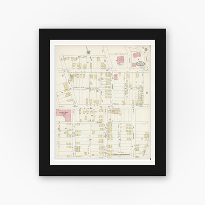 Old map wall art mockup — black gallery frame with white mat — Sanborn Fire Insurance Map from Donora, Washington County, Pennsylvania (1914), Sheet #0009