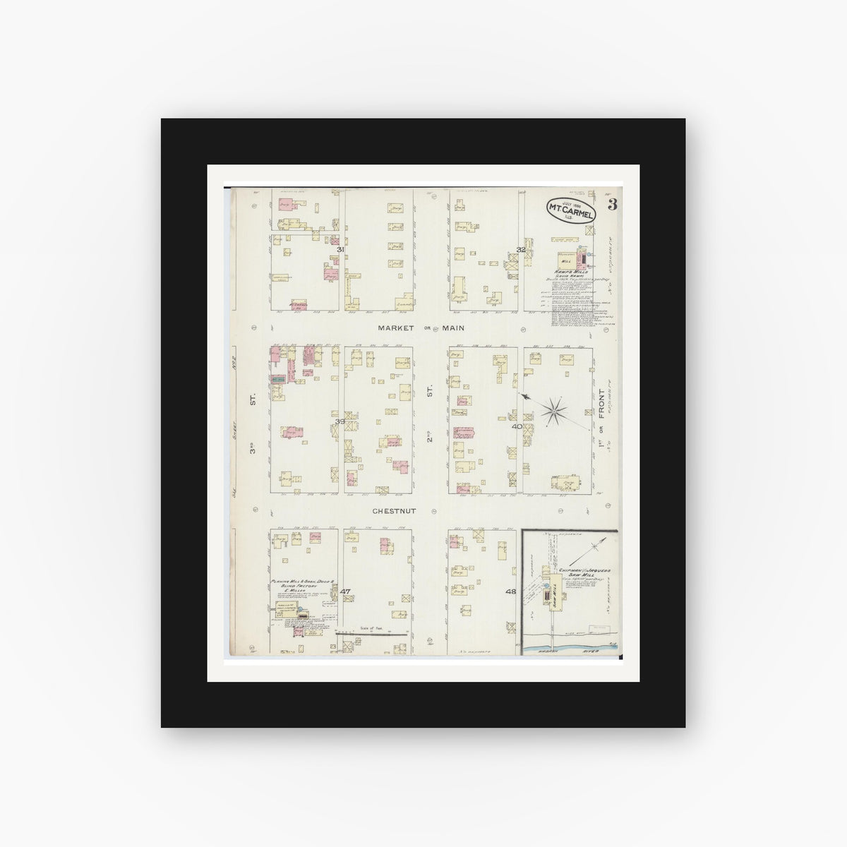 Old map wall art mockup — black gallery frame with white mat — Sanborn Fire Insurance Map from Mount Carmel, Wabash County, Illinois (1886), Sheet #0003