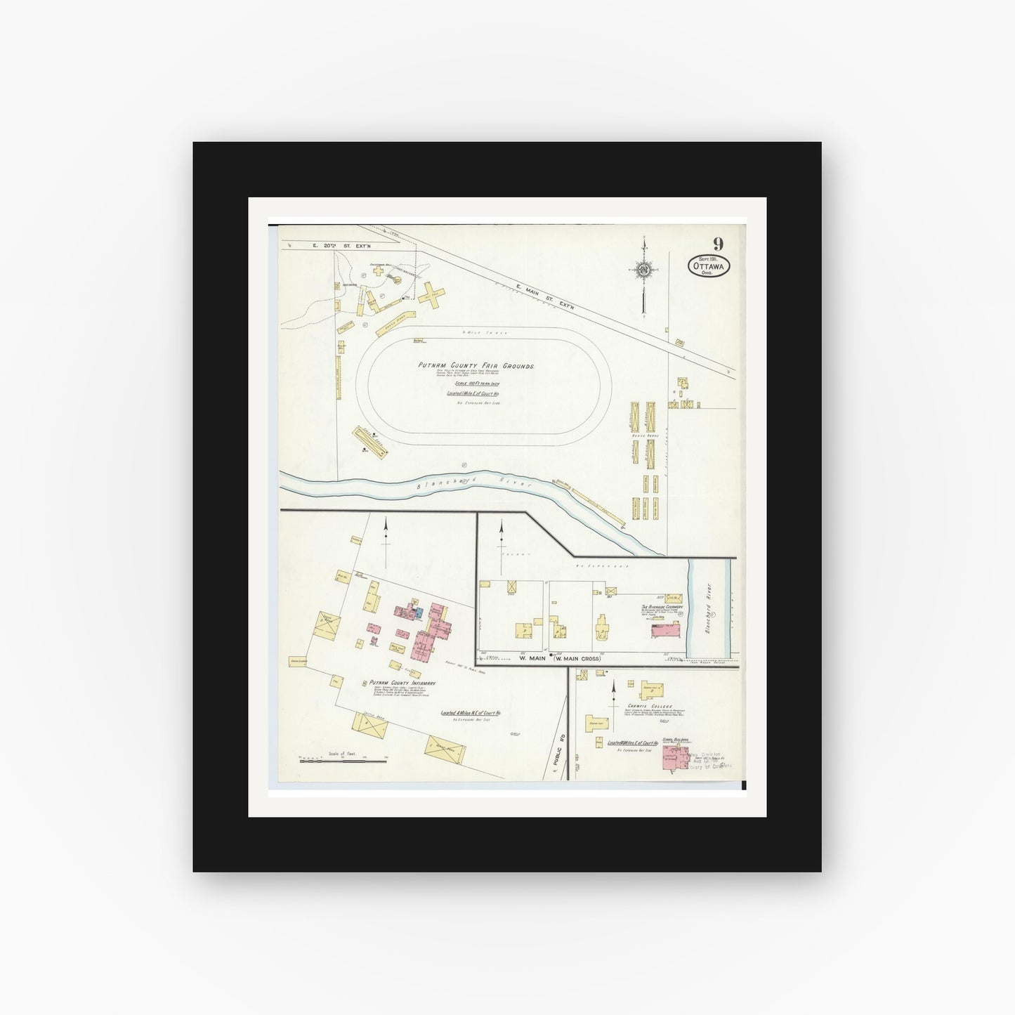 Old map wall art mockup — black gallery frame with white mat — Sanborn Fire Insurance Map from Ottawa, Putnam County, Ohio (1911), Sheet #0009