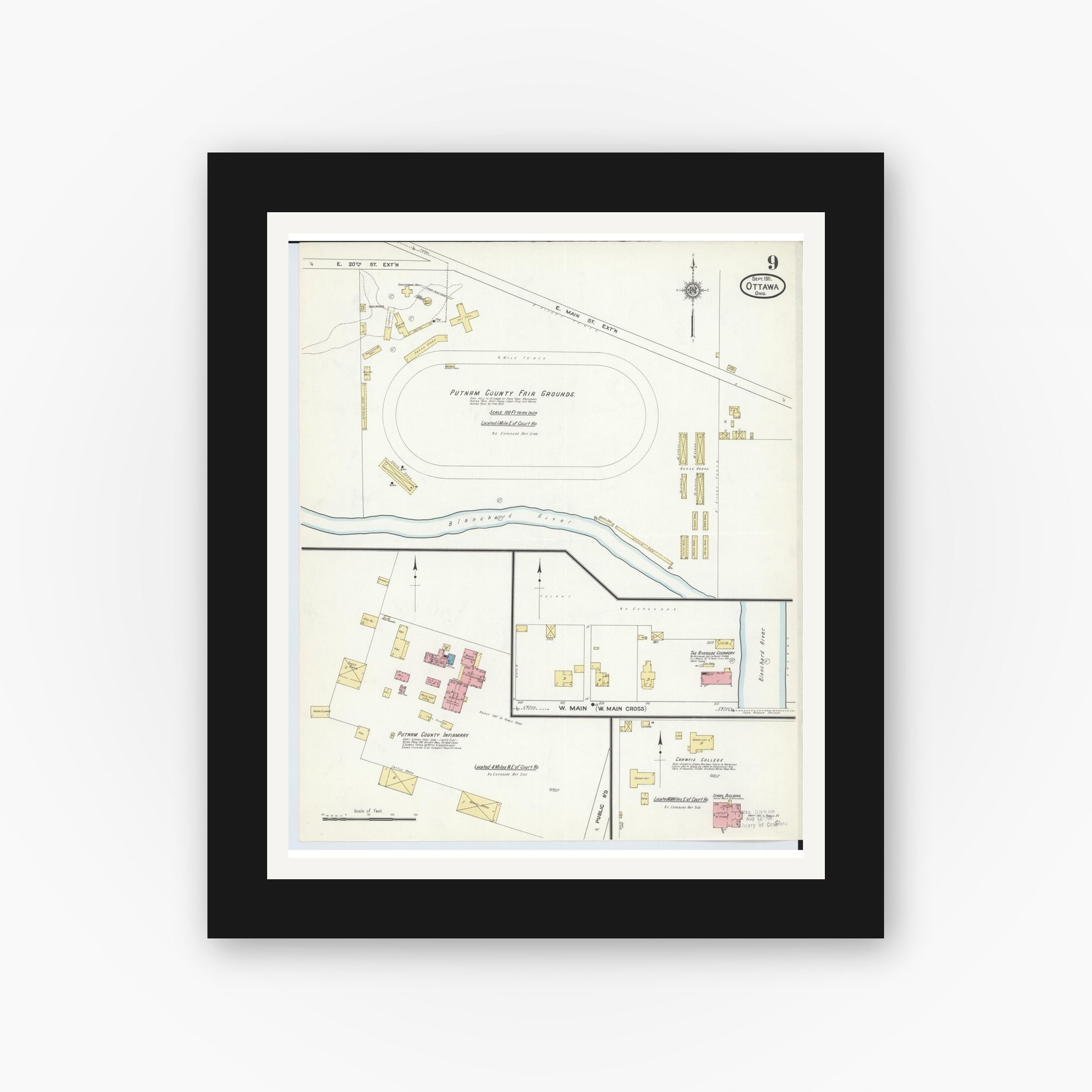 Old map wall art mockup — black gallery frame with white mat — Sanborn Fire Insurance Map from Ottawa, Putnam County, Ohio (1911), Sheet #0009
