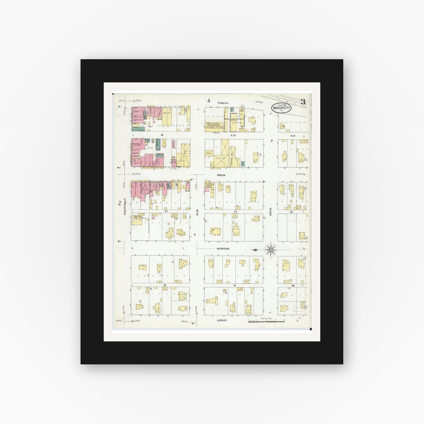 Old map wall art mockup — black gallery frame with white mat — Sanborn Fire Insurance Map from Mason City, Mason County, Illinois (1909), Sheet #0003