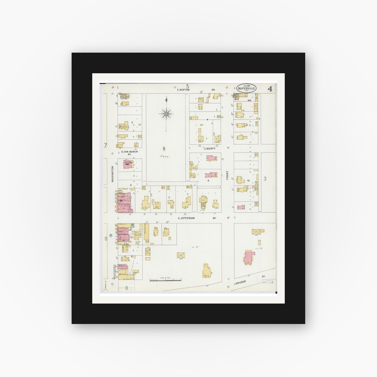 Old map wall art mockup — black gallery frame with white mat — Sanborn Fire Insurance Map from Naperville, Du Page County, Illinois (1898), Sheet #0004