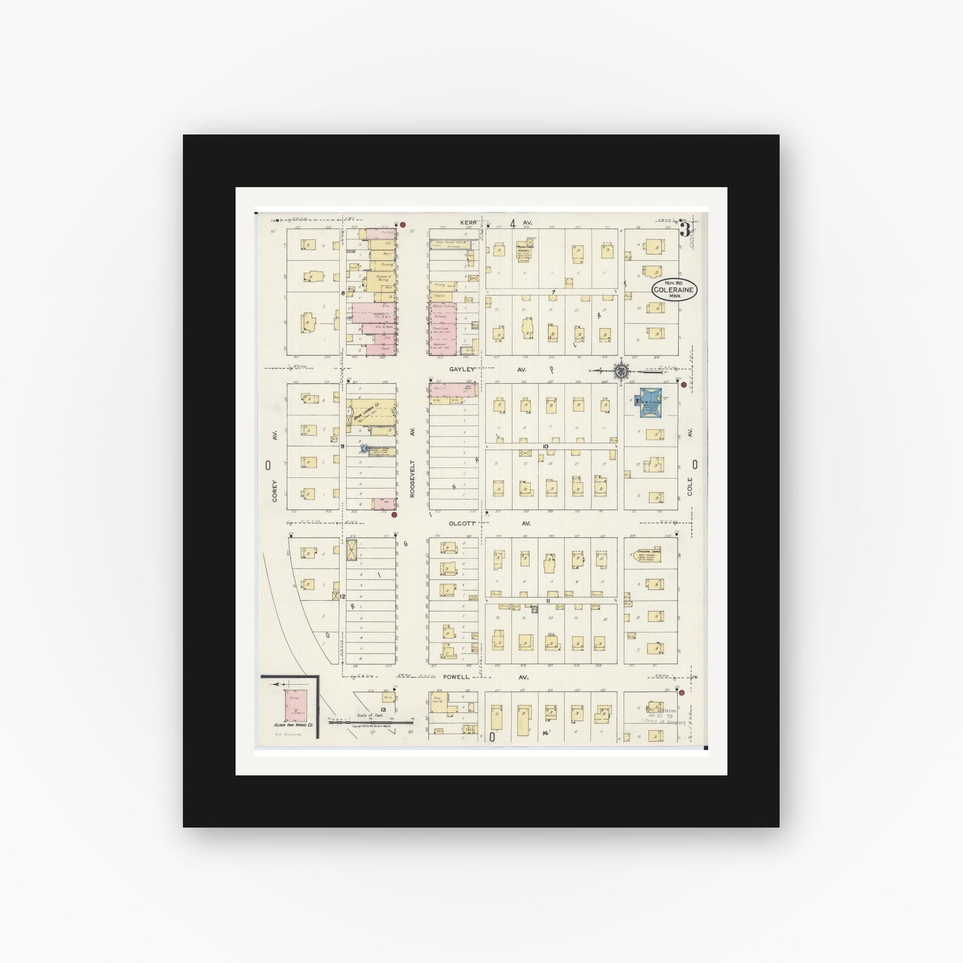 Old map wall art mockup — black gallery frame with white mat — Sanborn Fire Insurance Map from Coleraine, Itasca County, Minnesota (1921), Sheet #0003