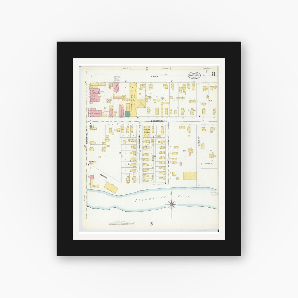 Old map wall art mockup — black gallery frame with white mat — Sanborn Fire Insurance Map from Owosso, Shiawassee County, Michigan (1900), Sheet #0008