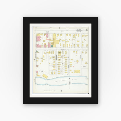 Old map wall art mockup — black gallery frame with white mat — Sanborn Fire Insurance Map from Owosso, Shiawassee County, Michigan (1900), Sheet #0008