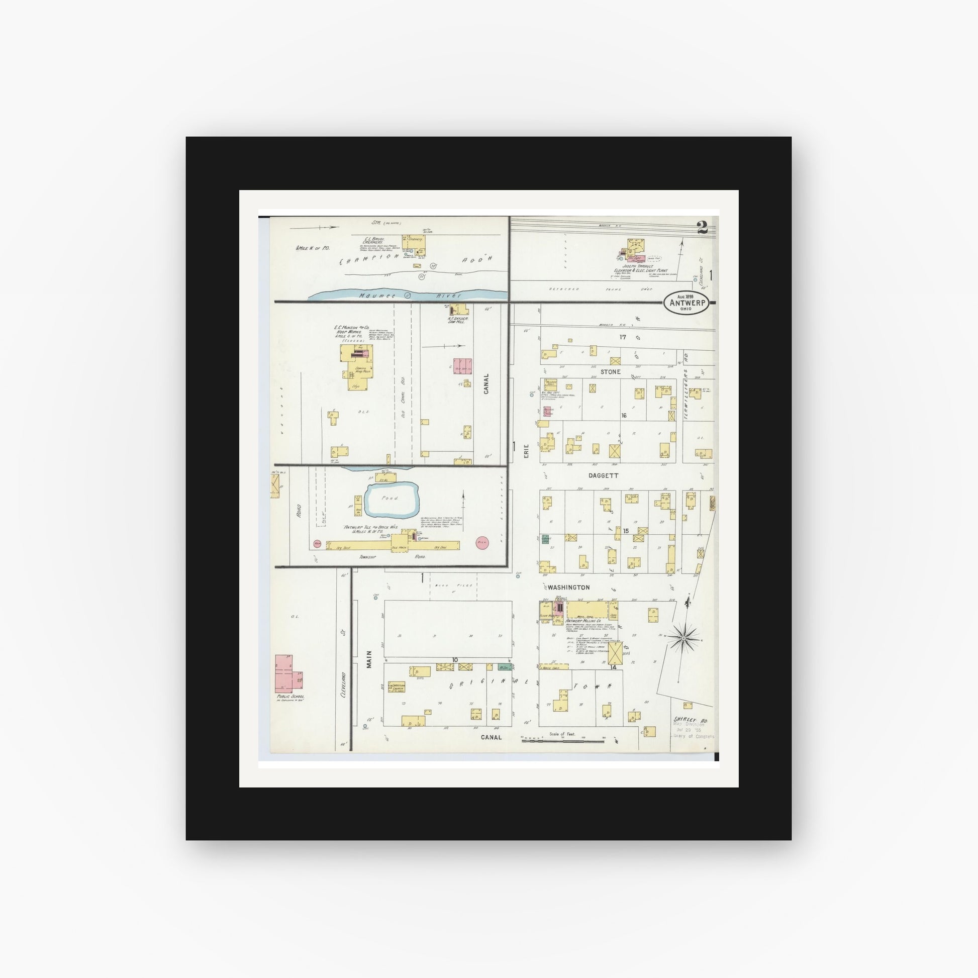 Old map wall art mockup — black gallery frame with white mat — Sanborn Fire Insurance Map from Antwerp, Paulding County, Ohio (1899), Sheet #0002