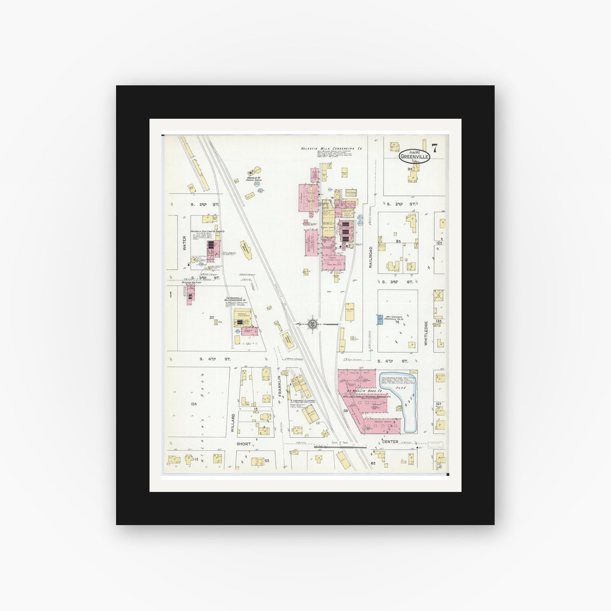 Old map wall art mockup — black gallery frame with white mat — Sanborn Fire Insurance Map from Greenville, Bond County, Illinois (1912), Sheet #0007