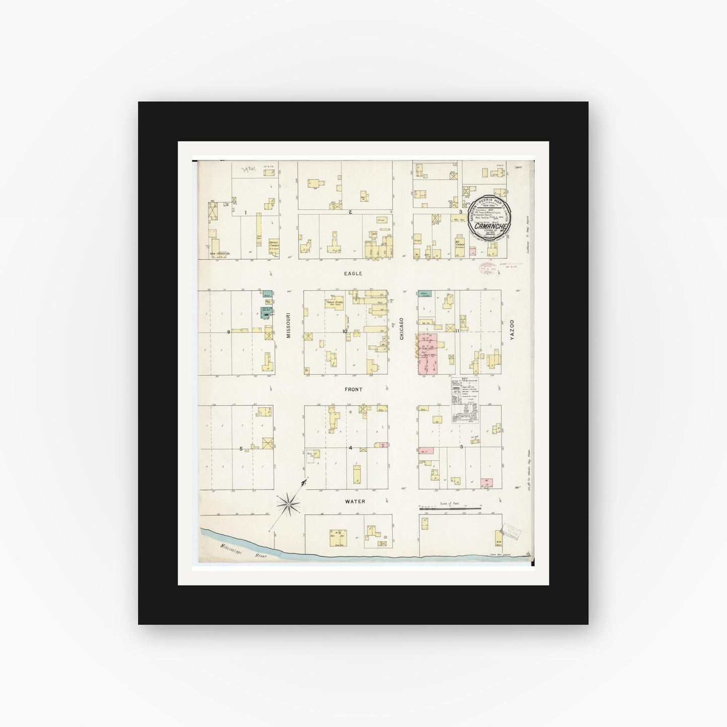 Old map wall art mockup — black gallery frame with white mat — Sanborn Fire Insurance Map from Camanche, Clinton County, Iowa (1895), Sheet #0001