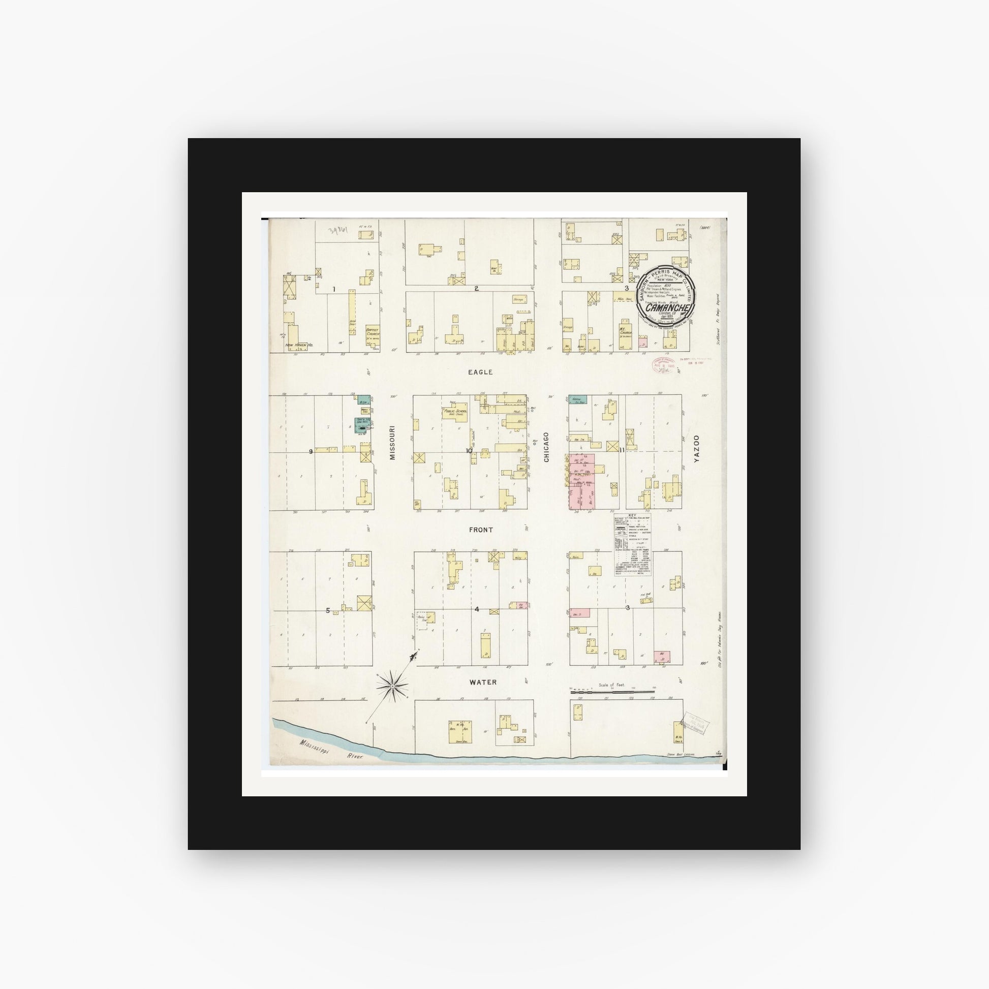 Old map wall art mockup — black gallery frame with white mat — Sanborn Fire Insurance Map from Camanche, Clinton County, Iowa (1895), Sheet #0001