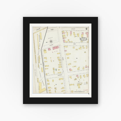Old map wall art mockup — black gallery frame with white mat — Sanborn Fire Insurance Map from Waterloo, Seneca County, New York (1893), Sheet #0002