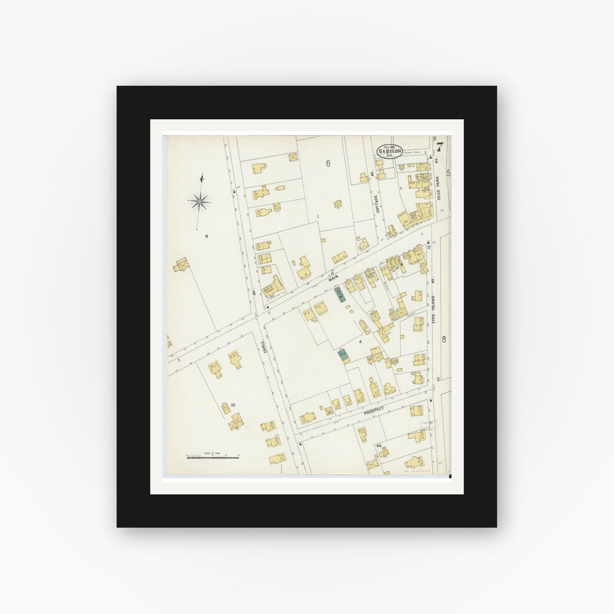 Old map wall art mockup — black gallery frame with white mat — Sanborn Fire Insurance Map from Babylon, Suffolk County, New York (1902), Sheet #0007