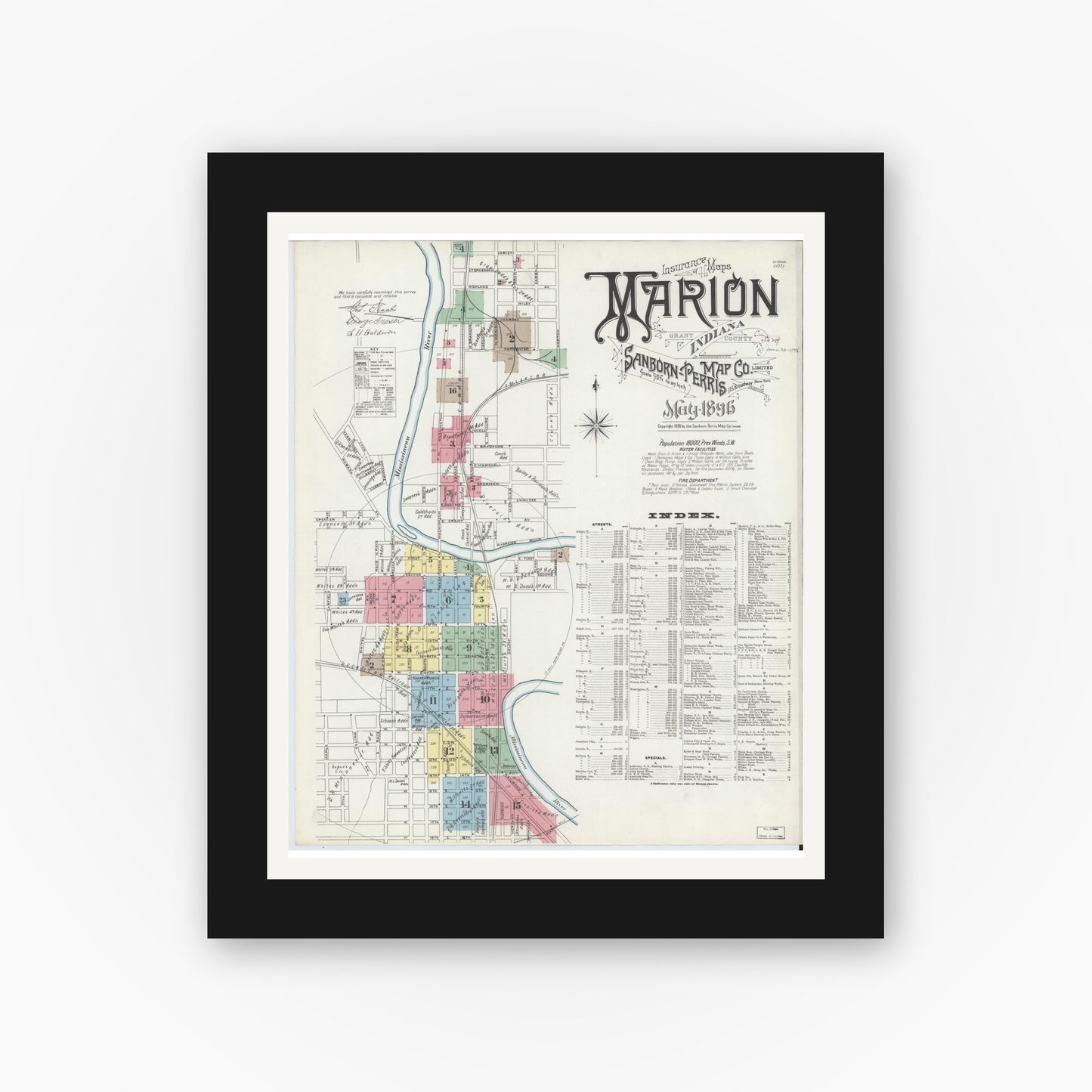 Old map wall art mockup — black gallery frame with white mat — Sanborn Fire Insurance Map from Marion, Grant County, Indiana (1896) - Complete Map Set