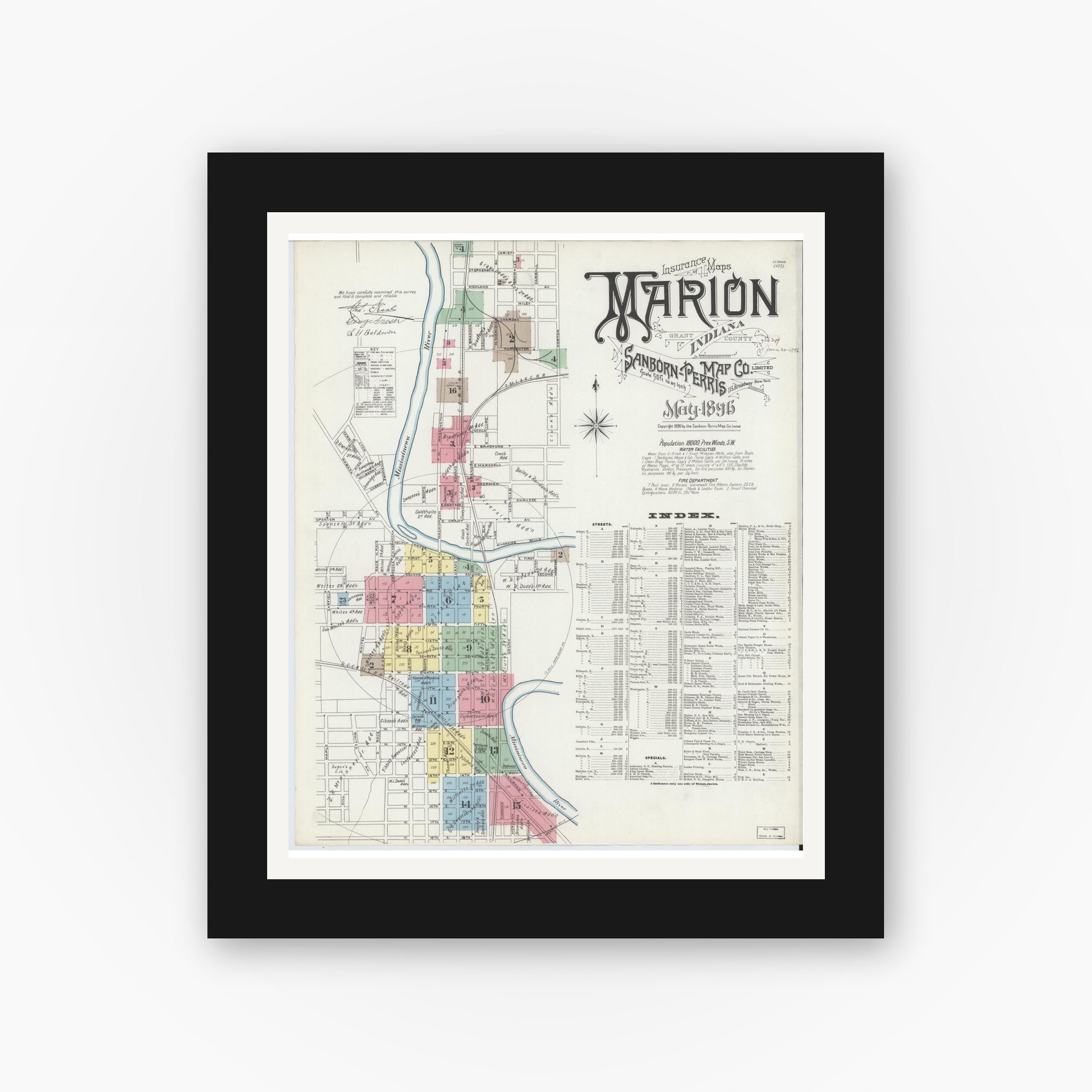 Old map wall art mockup — black gallery frame with white mat — Sanborn Fire Insurance Map from Marion, Grant County, Indiana (1896) - Complete Map Set