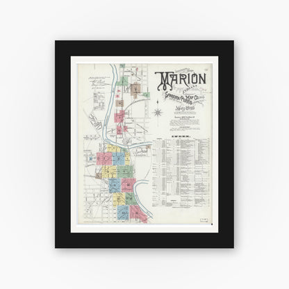 Old map wall art mockup — black gallery frame with white mat — Sanborn Fire Insurance Map from Marion, Grant County, Indiana (1896) - Complete Map Set