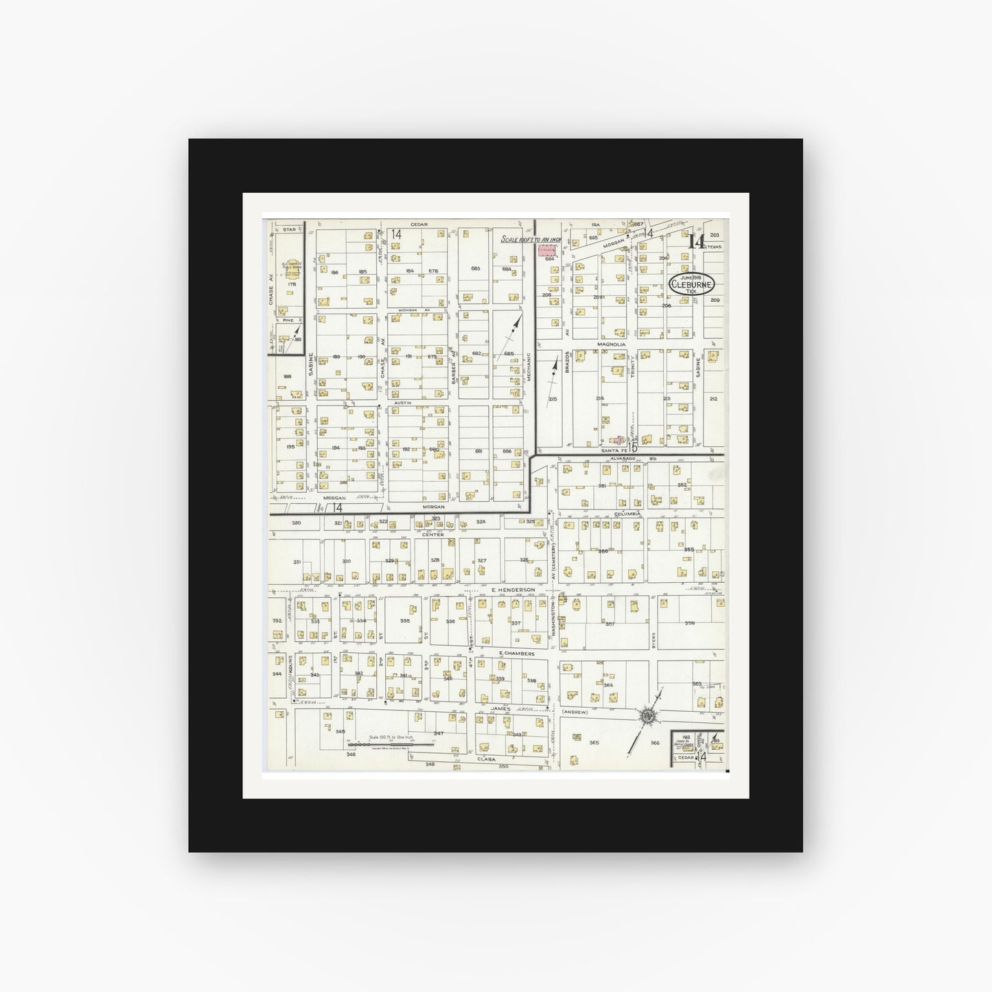 Old map wall art mockup — black gallery frame with white mat — Sanborn Fire Insurance Map from Cleburne, Johnson County, Texas (1918), Sheet #0014