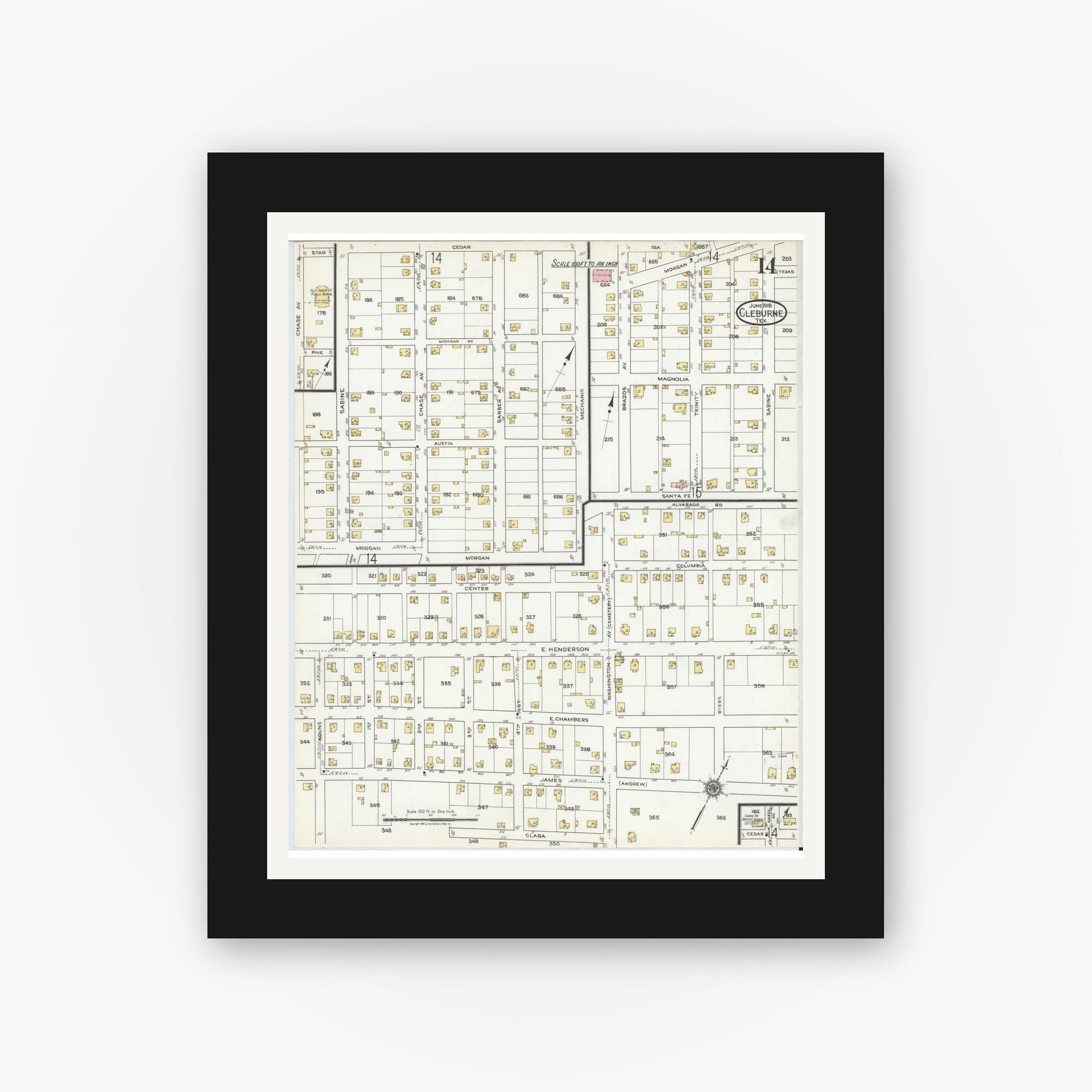 Old map wall art mockup — black gallery frame with white mat — Sanborn Fire Insurance Map from Cleburne, Johnson County, Texas (1918), Sheet #0014