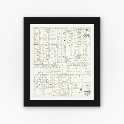 Old map wall art mockup — black gallery frame with white mat — Sanborn Fire Insurance Map from Cleburne, Johnson County, Texas (1918), Sheet #0014