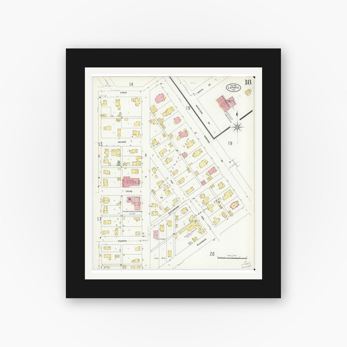 Old map wall art mockup — black gallery frame with white mat — Sanborn Fire Insurance Map from La Porte, La Porte County, Indiana (1907), Sheet #0018
